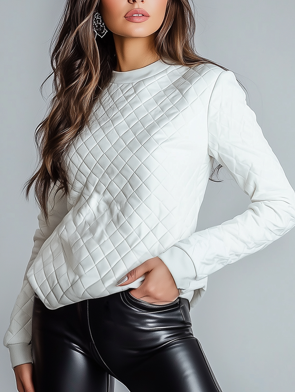 Ursime PU Leather Quilted Long Sleeve Sweatshirt