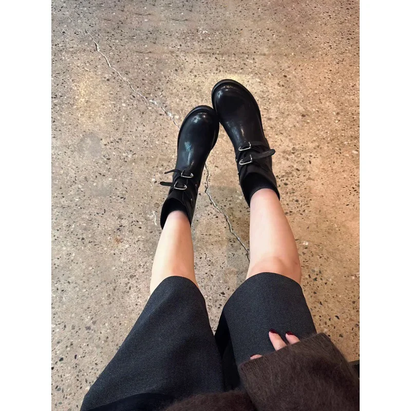 Breakj Breakj Belt Buckle Short Barrel Knight Boots Coarse And Western Cowboy Boots Women Thin Round Head Locomotive Short Boots