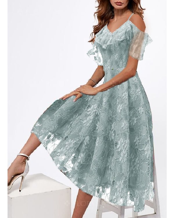 Off Shoulder Lace Mesh Waist Retro Dress