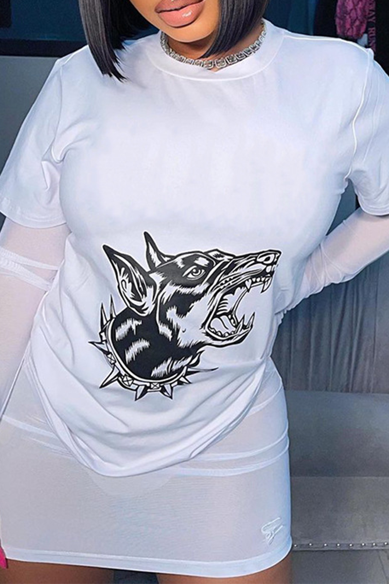 Street Print Mesh O Neck Long Sleeve Two Pieces