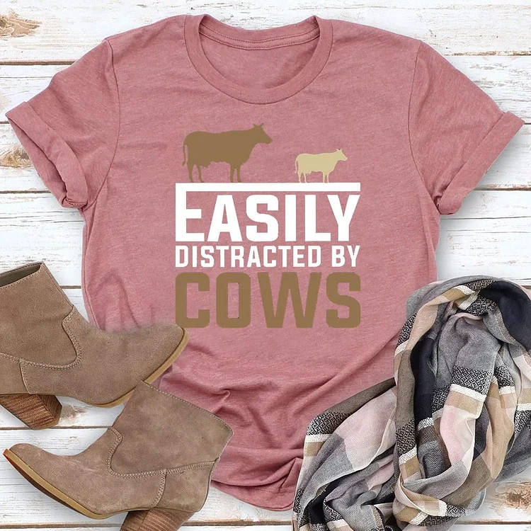 Easily Distracted By Cows Round Neck T-shirt