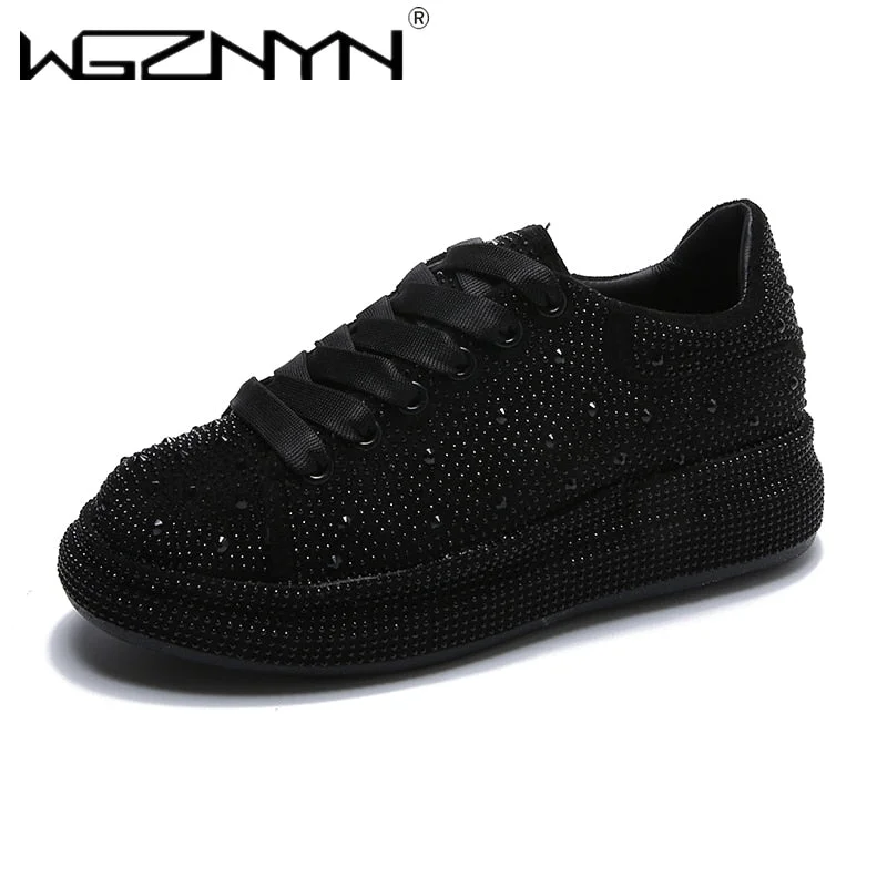 NEW Brand Women Fashion Casual Glitter Sparkling Sneakers Women Encrusted Lace Up Shoes White Sole Fashion Street Sneakers Shiny