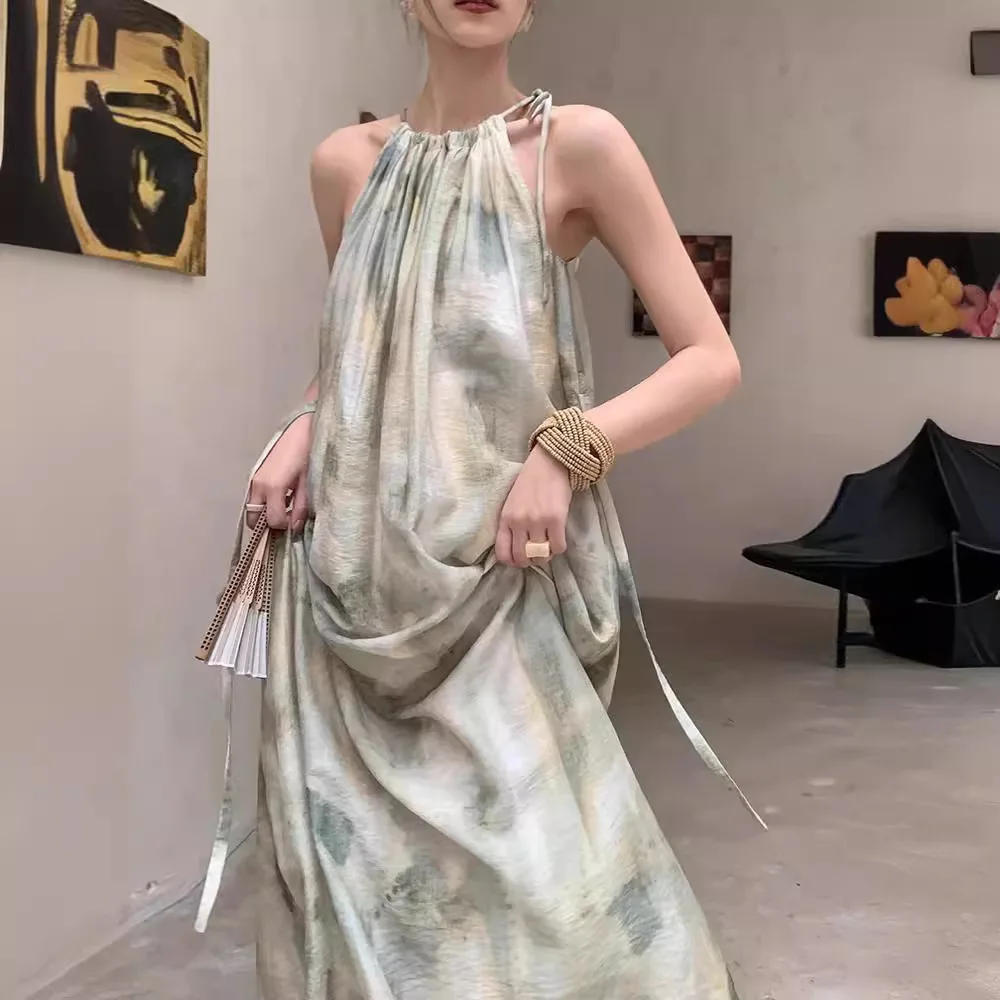 Wicketwarriorss 2025 Vestidos De Mujer Maxi Halter Bandage Y2k Dresses Women Sleeveless Tunic Tie-dye Robe Femme Temperament Loose Summer Dress