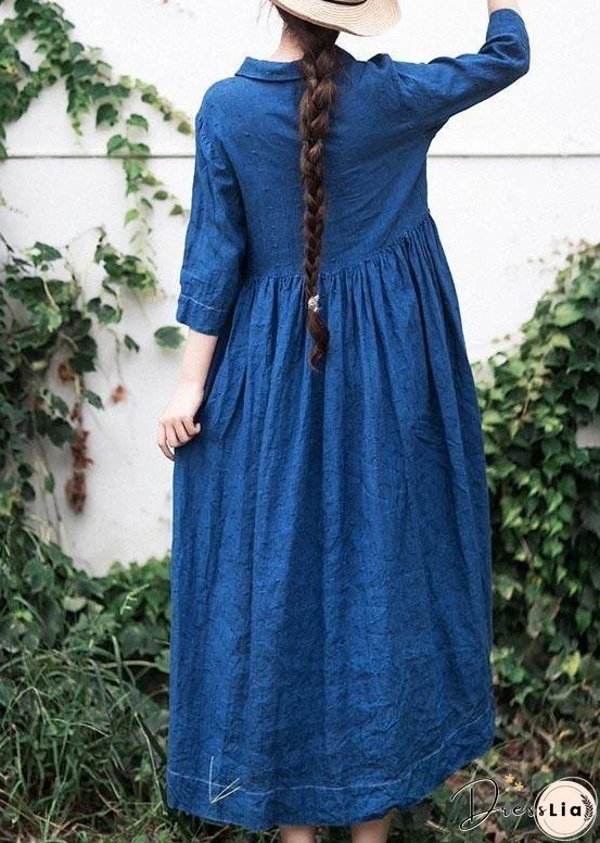 Handmade Lapel Half Sleeve Spring Tunics Shirts Blue Dress