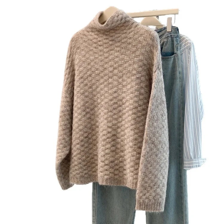 Athvotar Athvotar Women's Cotton Cashmere Lattice Half-High-Collar Sweater Korean Version Of The Student's Dress Dress Nice Hair Knitted Shirt