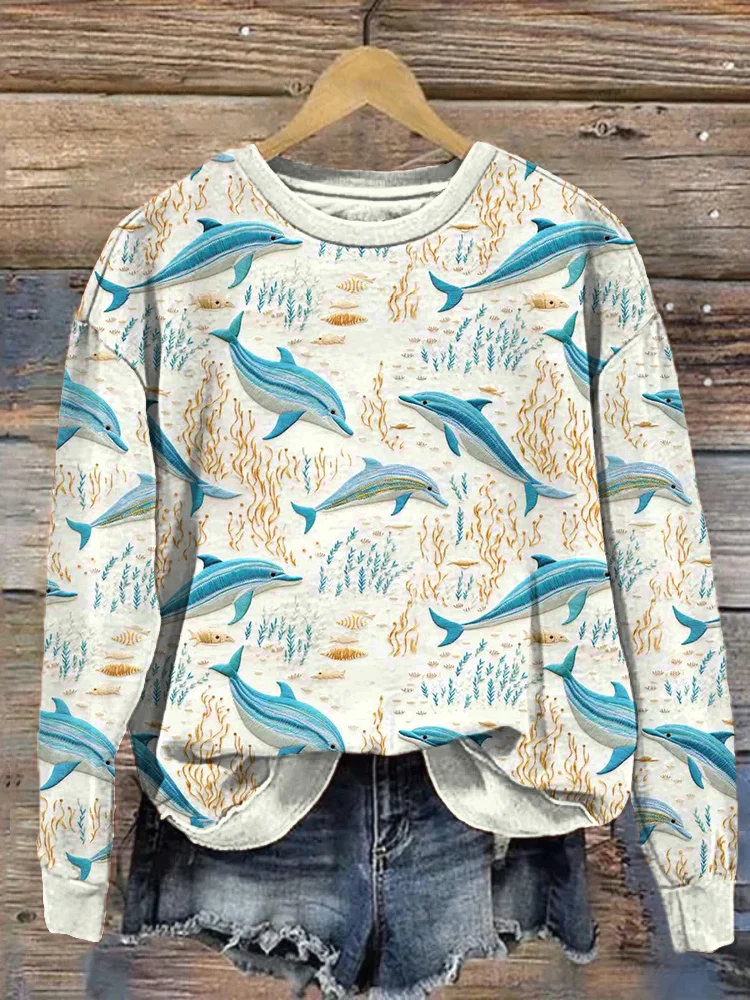 VChics Dolphin Embroidery Art Print Casual Cozy Sweatshirt
