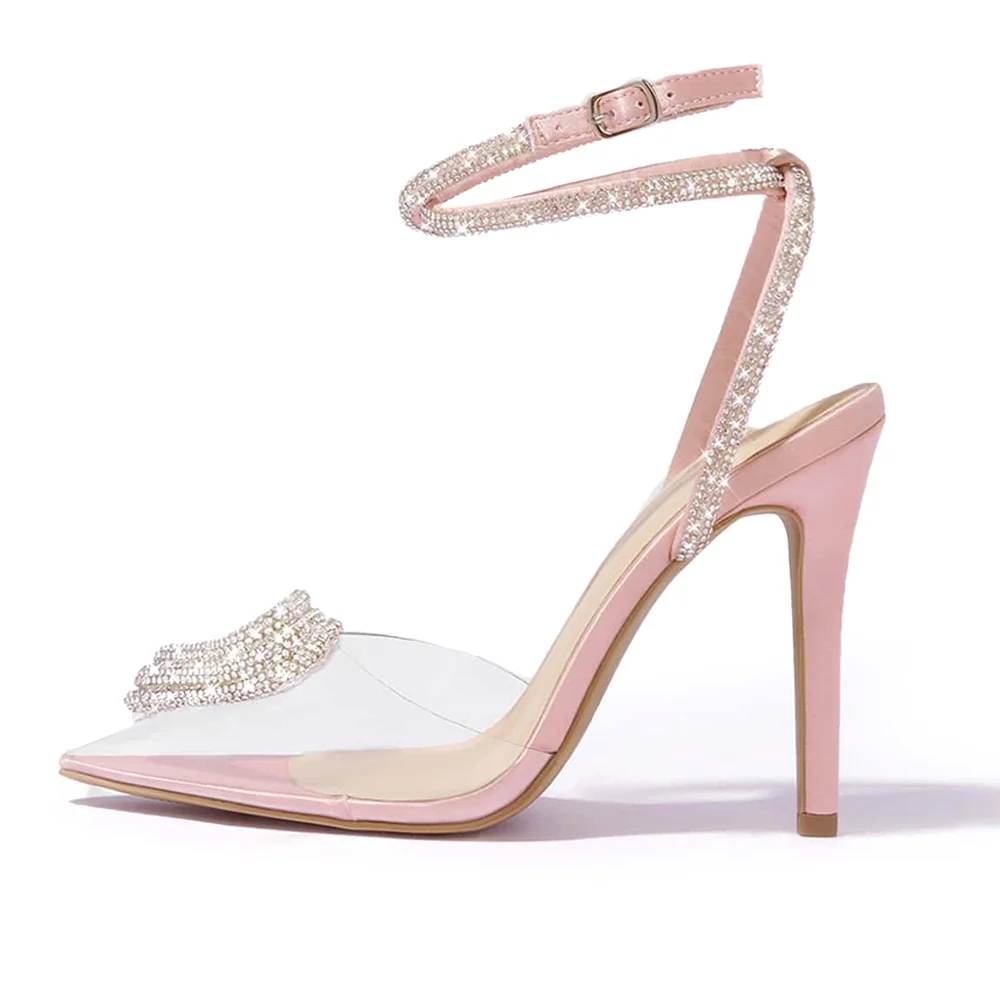 Clear and Pink Pointed Toe Pumps Ankle Strap Glitter Decor Stiletto Heels Nicepairs