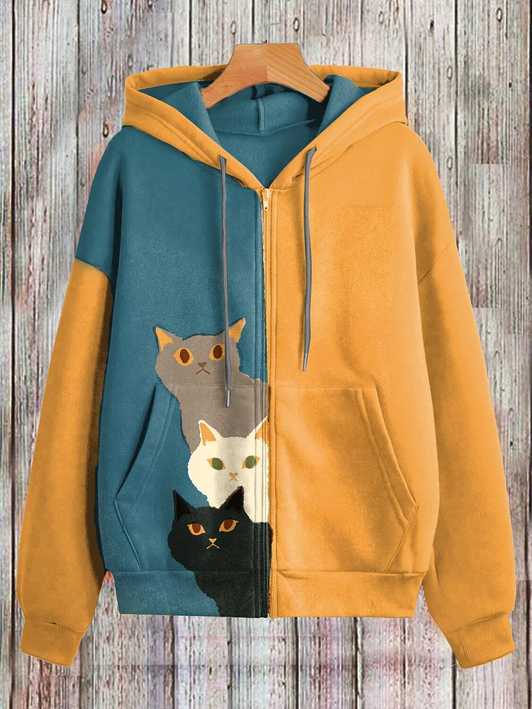 Women's Contrast Color Funny Cats Art Print Hooded Zip Up Jacket