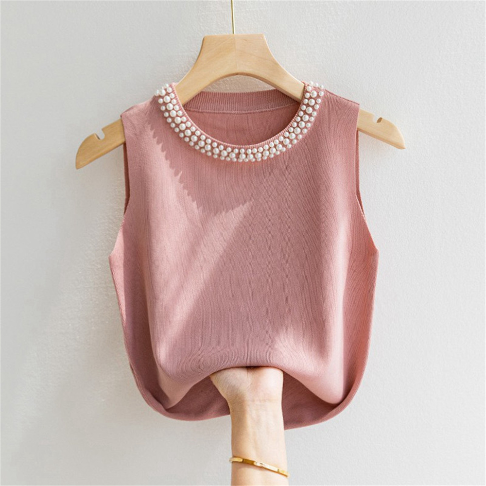 Ballifyex New Korean Knitted Vests Women Top Solid Tank Summer New Fashion Female Sleeveless Beading Casual Thin Basic Tops Women Clothes