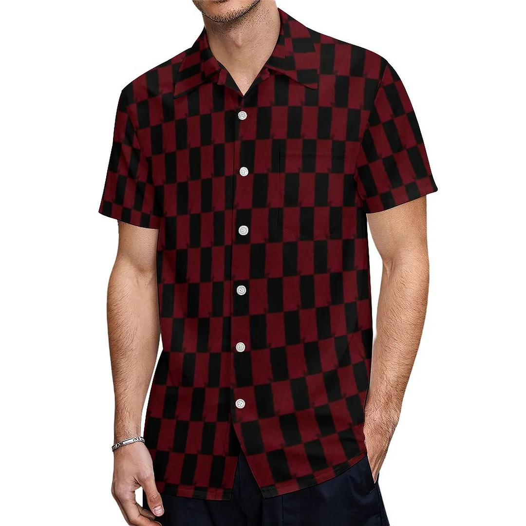 Deep Burgundy Red And Black Woven Hawaiian Shirt Mens Button Down Plus Size Tropical Hawaii Beach Shirts