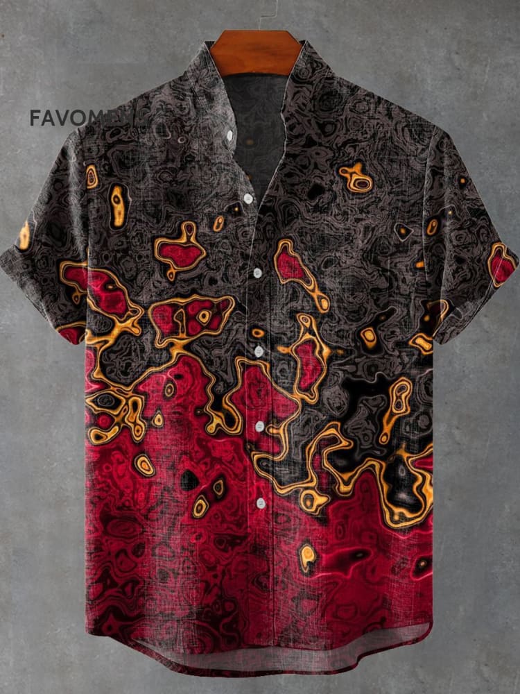 Vintage Abstract Textures Print Casual 100% Cotton Shirt Multicolor / S