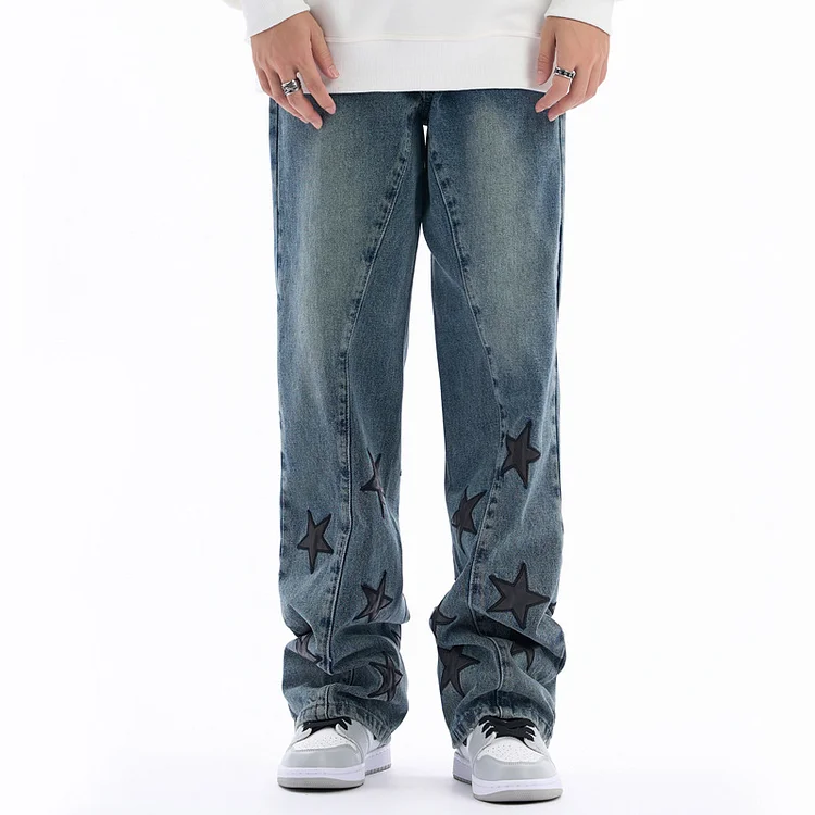 Leather Star Patch Jeans High Street Hip-Hop Straight-Leg Casual Trousers at Hiphopee