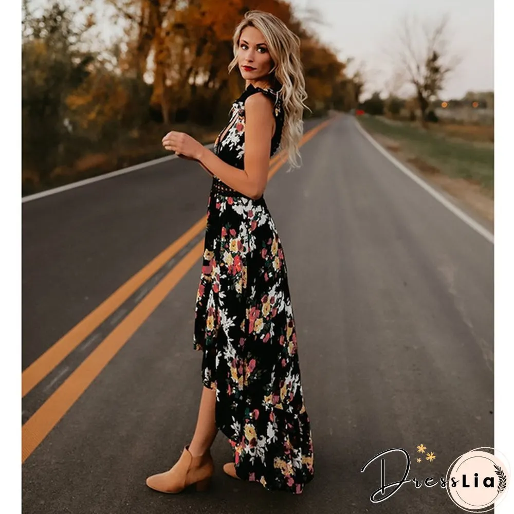 Summer Women Lace Hollow Backless Irregular Floral Long Beach Dress