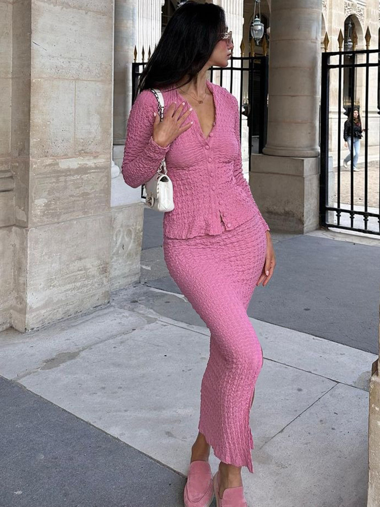 Ootddress Fashion Patchwork 2 Piece-Set Maxi Skirt Ladies Slim Long Sleeve Cardigan And Long Skirt Sets Streetwear Autumn Outfits