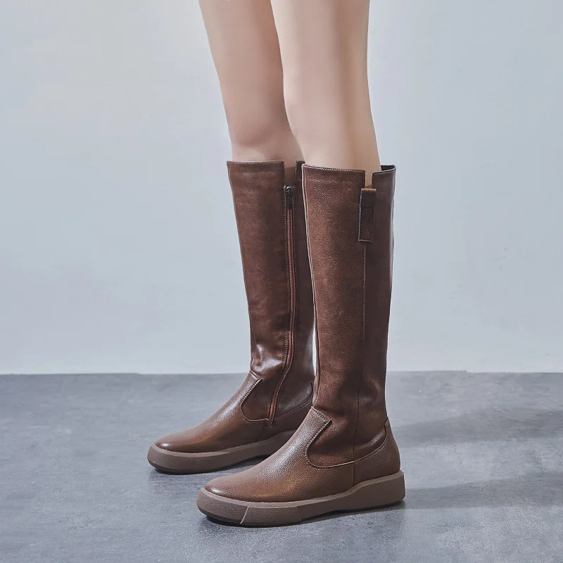 Wongn Wongn And Winter High Tube Tide Boots Women British Wind Flat Boots Middle Boots Versatile Single Boots Long Tube Knight Leather Boots Martin Boots