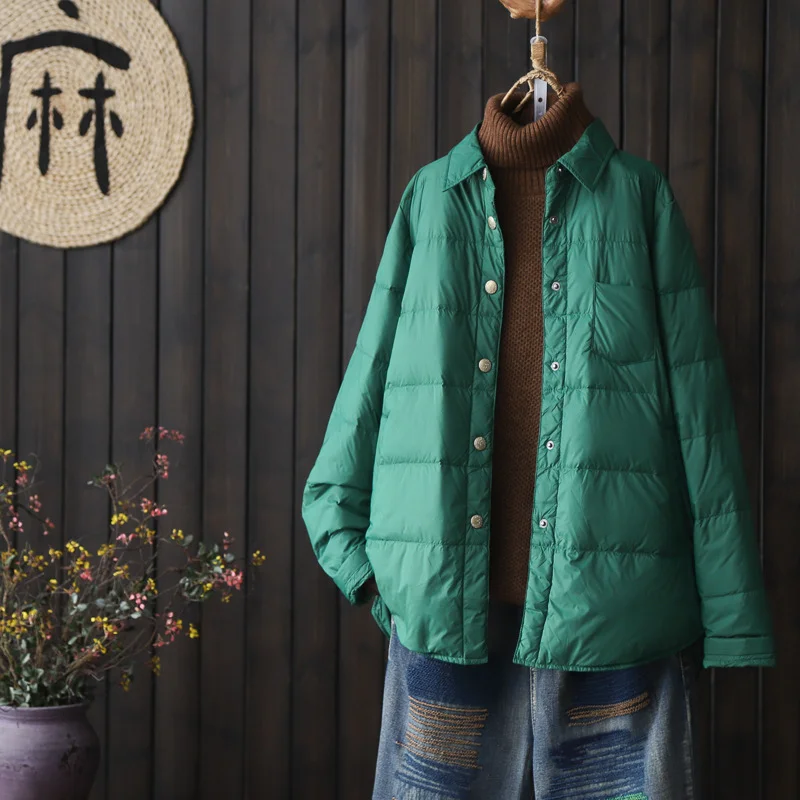 Toloer Literary Pure Color Shirt Collar Light Down Jacket Shirt Female Autumn And Winter 2024 New White Duck Down Fashion Down Jacket Coat-Outfit Ideas