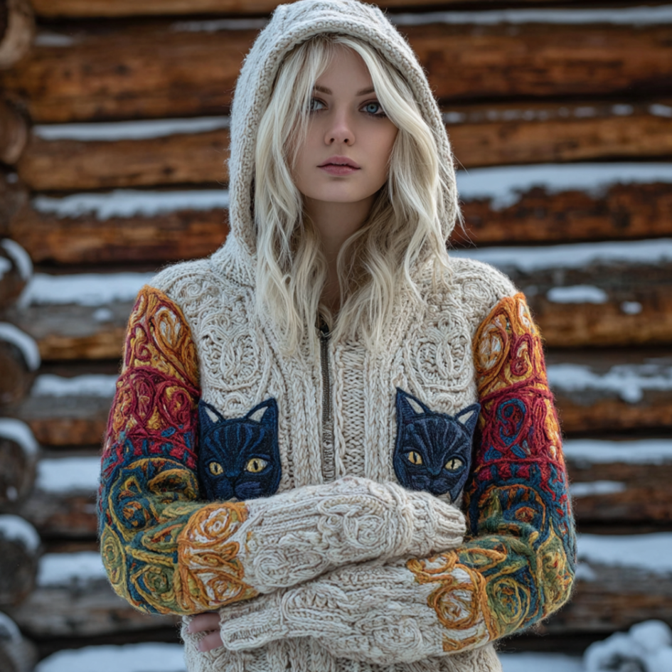 Lady Retro Viking Style Fun Cat Knit Hooded Cardigan Sweater Jacket elevenforest