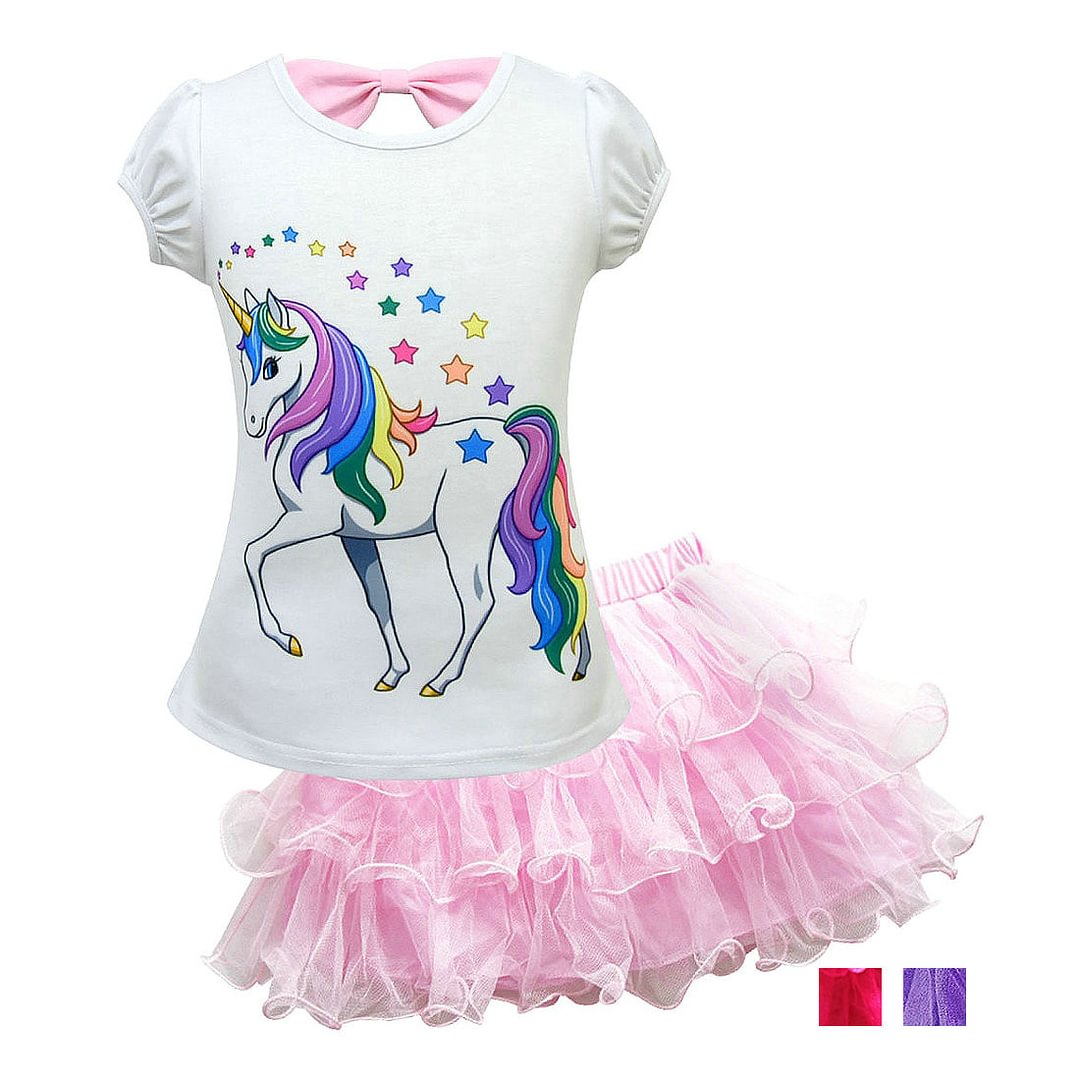 Unicorn Cartoon Mesh Tutu Dress Short Sleeve T-shirt Set for Kids-Pajamasbuy