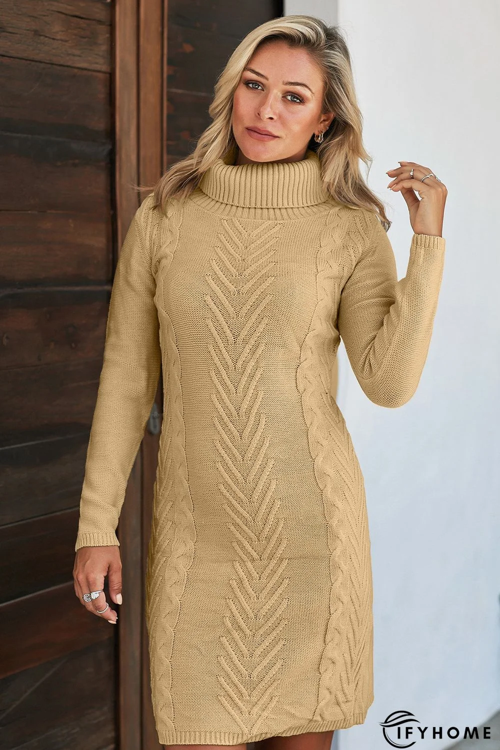 Khaki Hand Knitted High Neck Sweater Dress | IFYHOME