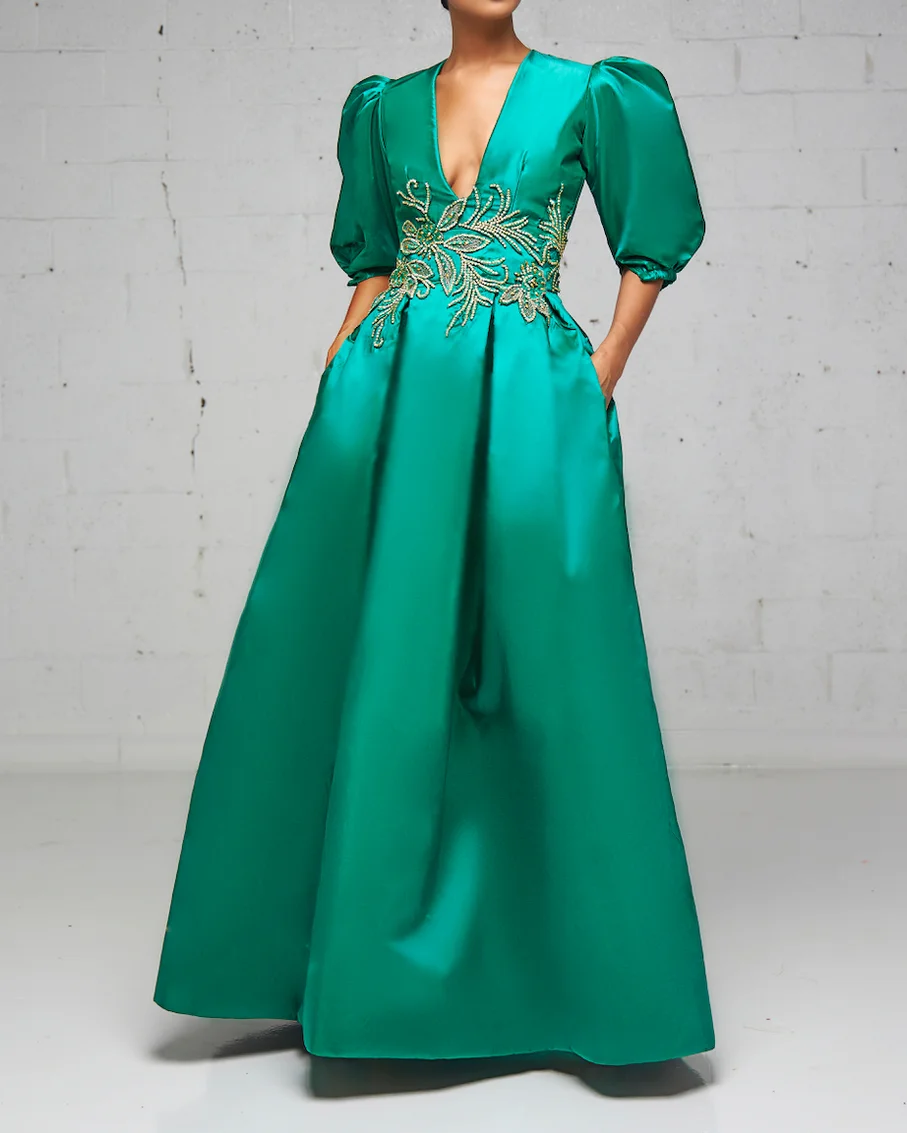 Green Silk A Line Pleated Gown