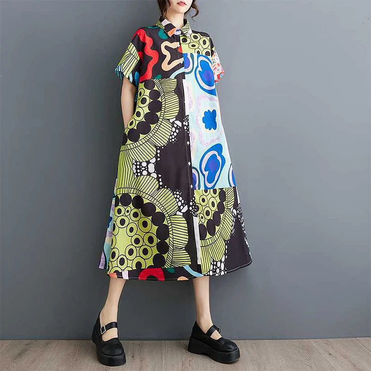 Casual Printed Splicing Short Sleeve Midi Dress