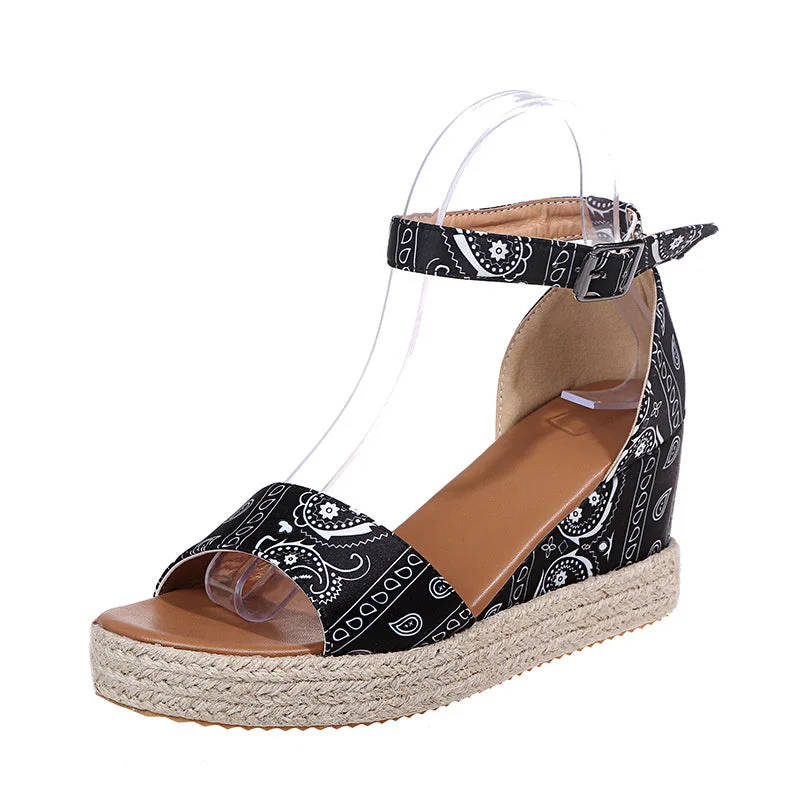 Women's Fashion Casual Pattern One Word Strap Wedge Sandals