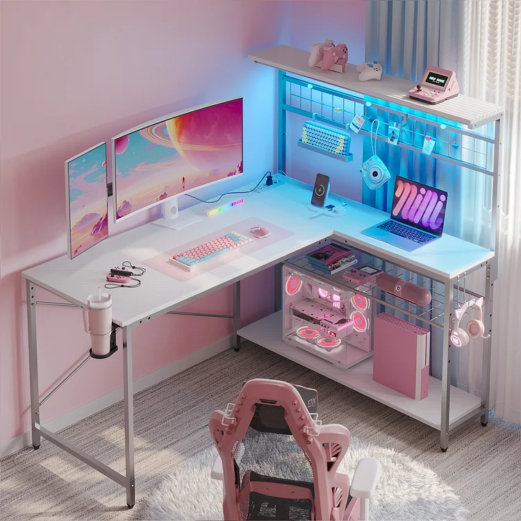 Bestier 51 L Shaped Gaming Desk with Power Outlets, LED Workstation with 4 Tiers Shelves for Home Office