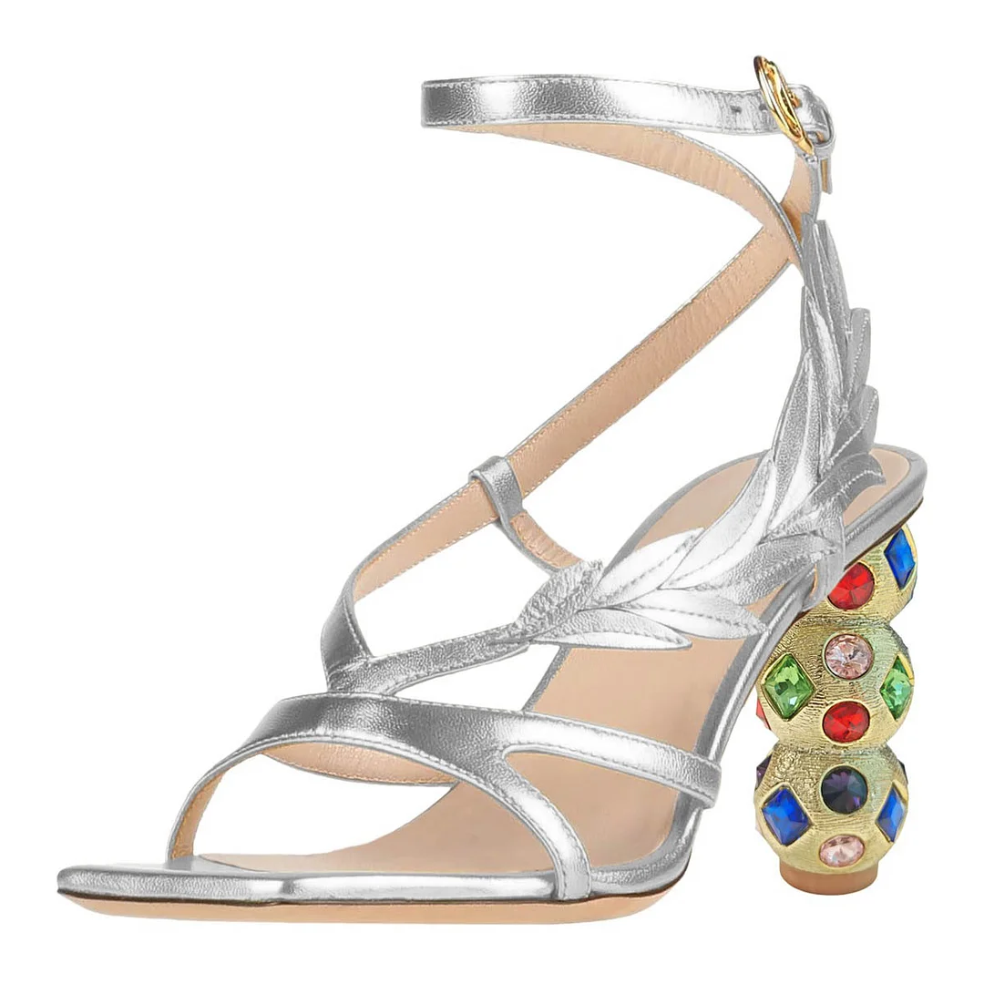 Silver Sculptural Heel Cross Ankle Strap Rhinestone Women's Sandals