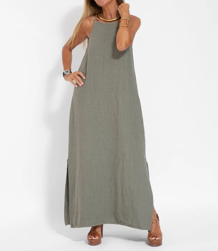 Elegant Solid Color Cotton Linen Sleeveless Long Dress