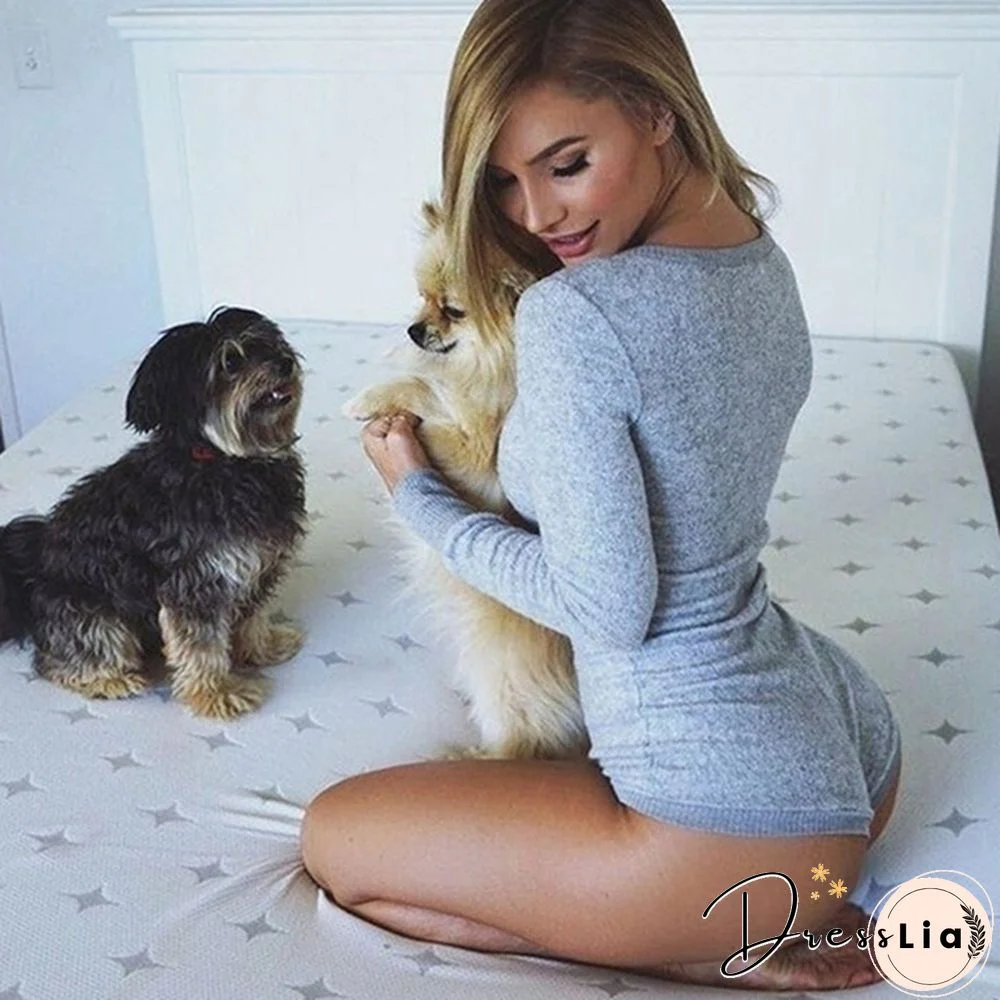 Ladies Fashion Grey V-Neck Jumpsuit High Stretch Jumpsuit Long Sleeve Shirts