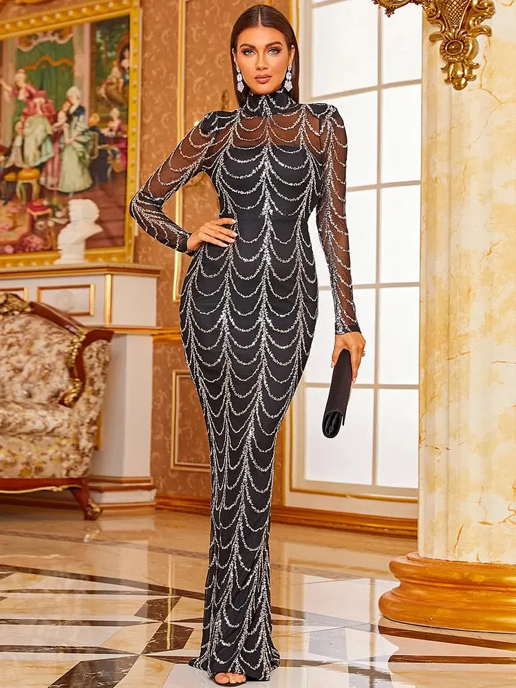Sheer Mesh Black Sequin Evening Dress M0032