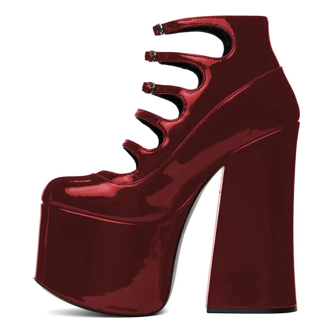 Red Patent Leather Round Toe Buckle Strappy Platform Pumps