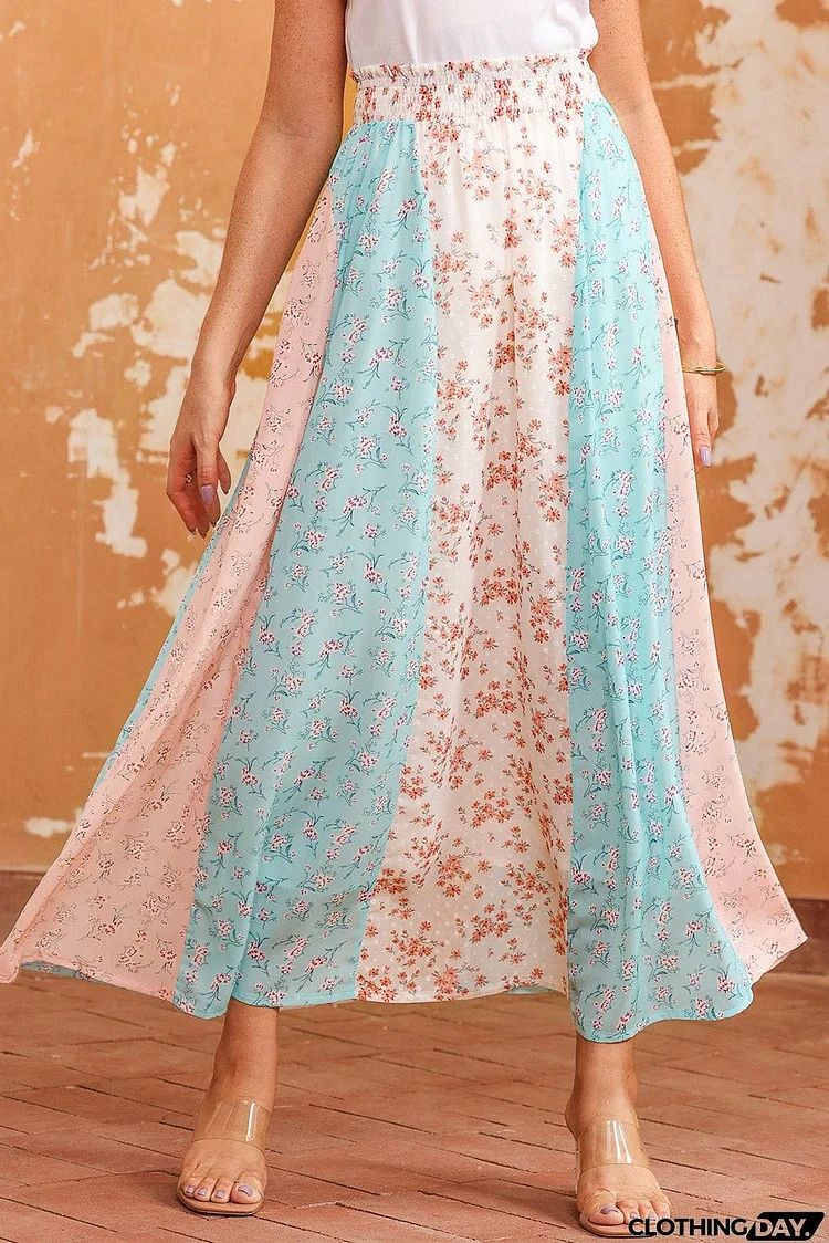 Floral Color Block Smocked Waist Maxi Skirt