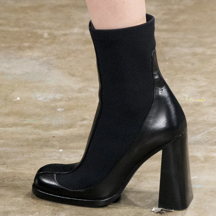 Black Mesh Vegan Leather Chunky Heel Boots Square Toe Ankle Boots |FSJ Shoes