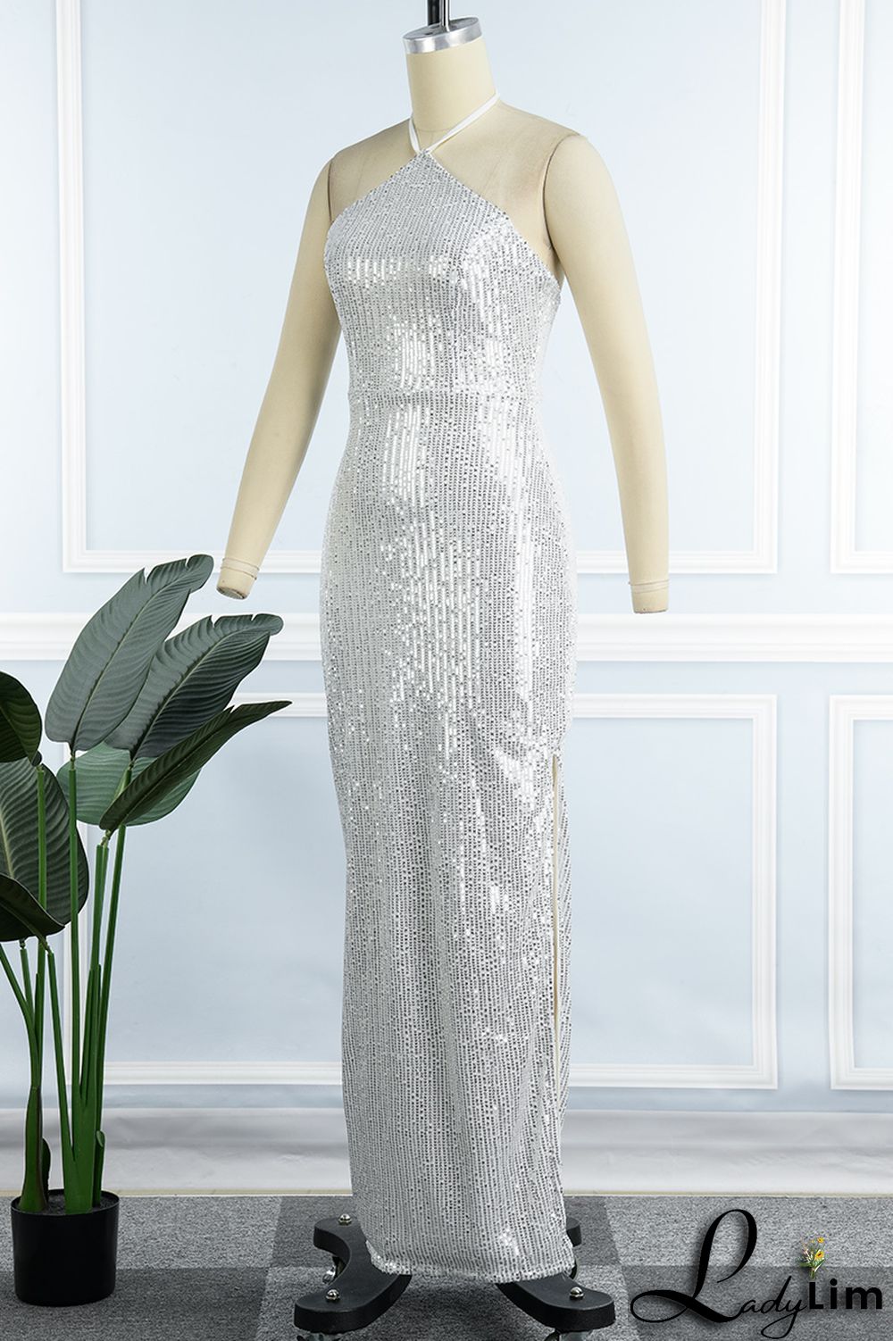 Black Sexy Solid Sequins Patchwork Slit Halter Evening Dress Dresses