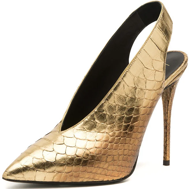 Golden Python Pointy Toe Slingback Heels -   Shoes Vdcoo