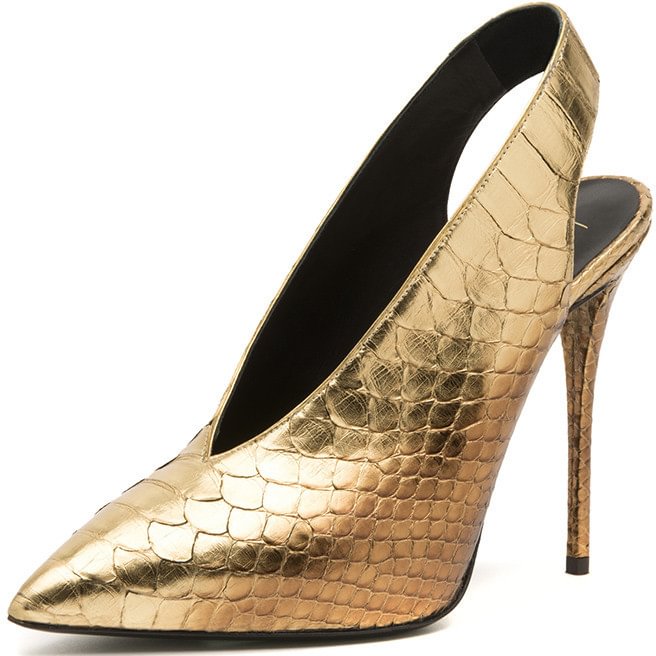 Golden Python Slingback Pumps Pointy Toe Stiletto Heels Shoes |FSJ Shoes