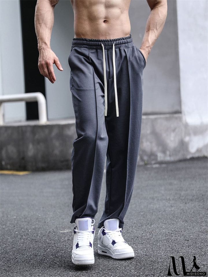MidiSono - Men's Straight Leg Mid-Rise Drawstring Leisure Pants