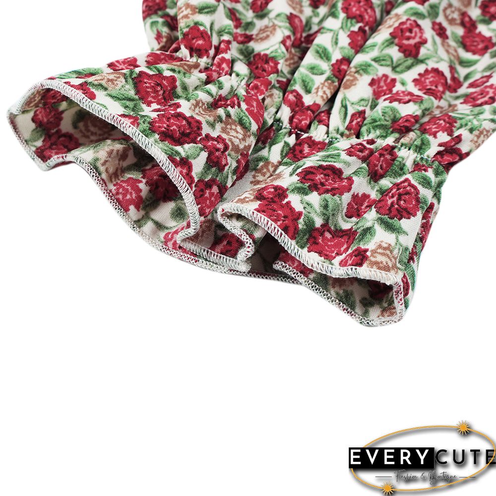 Pink Floral Print Lace-up Long Sleeve Dress