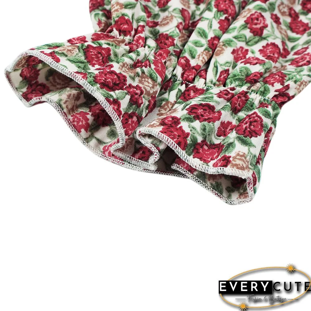 Pink Floral Print Lace-up Long Sleeve Dress