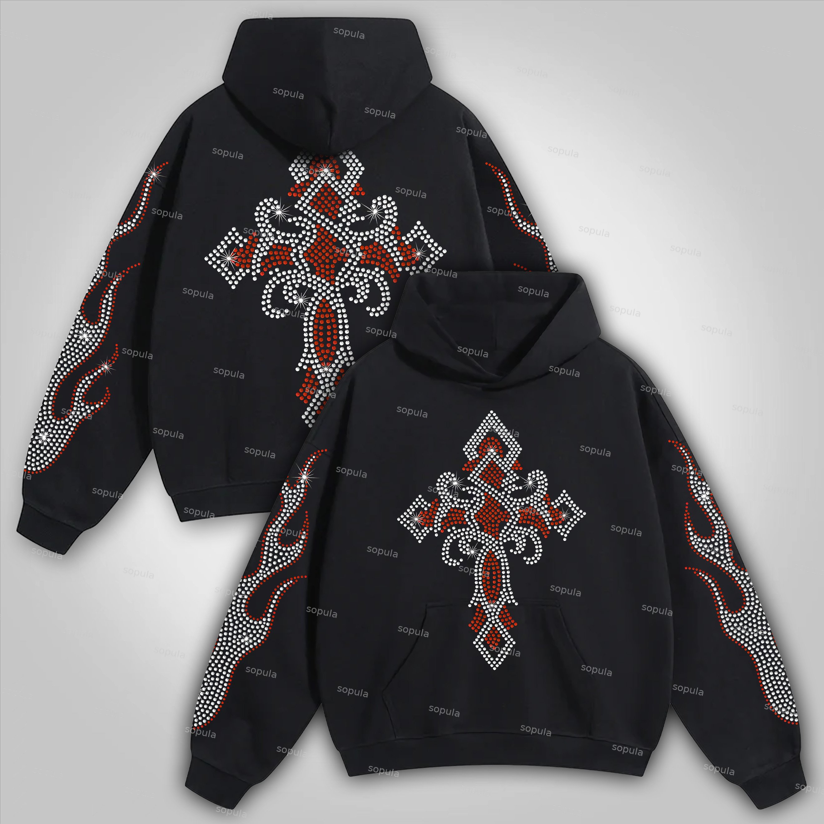 Sopula Vintage Cross Shining Diamond Flame Graphic Cotton Hoodie