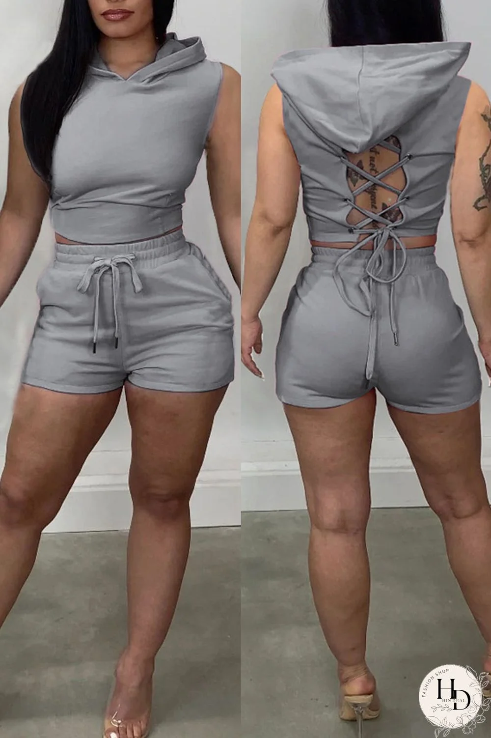 Grey Sexy Solid Split Joint Backless Hooded Collar Sleeveless Two Pieces