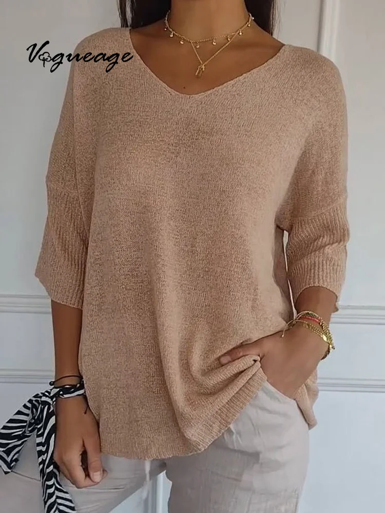 Fashionable And Casual Slim V-Neck Solid Color Knitted Sweater
