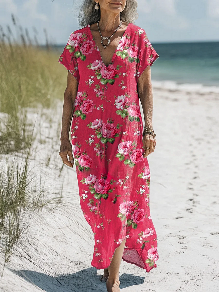 Womens Vintage  Rose Pattern Art Flower Print Pocket Cotton Dress
