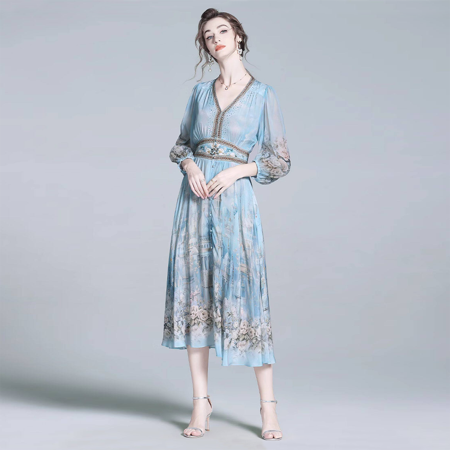 100 Silk Dress Blue Floral Vacation Style REAL SILK LIFE
