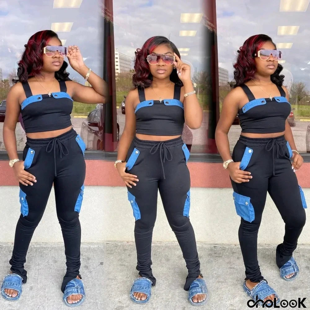 Fashion Splice Camisole And Pants Two Piece Sets