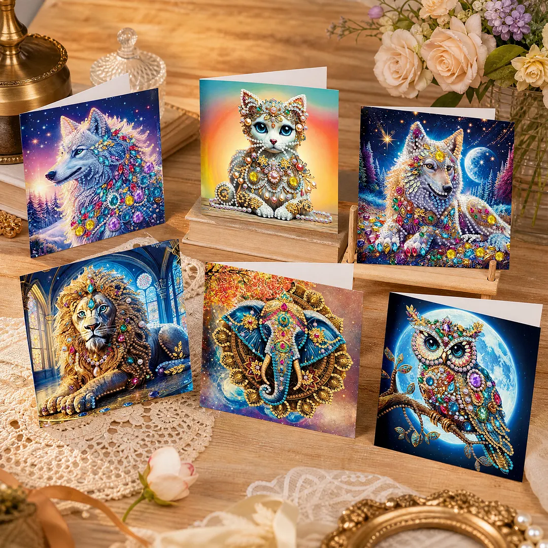 6pcs Gemstone Animals DIY Diamond Painting Greeting Card Kits with Envelopes Diamond Art Greeting Cards Diamond Art Cards Kits for Adults DIY Crafts Family Friend Gifts