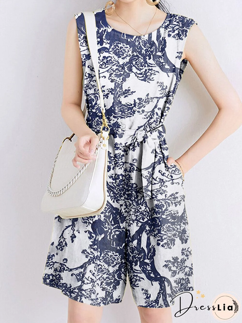 Plants Print Pocket Sleeveless Crew Neck Belt Romper