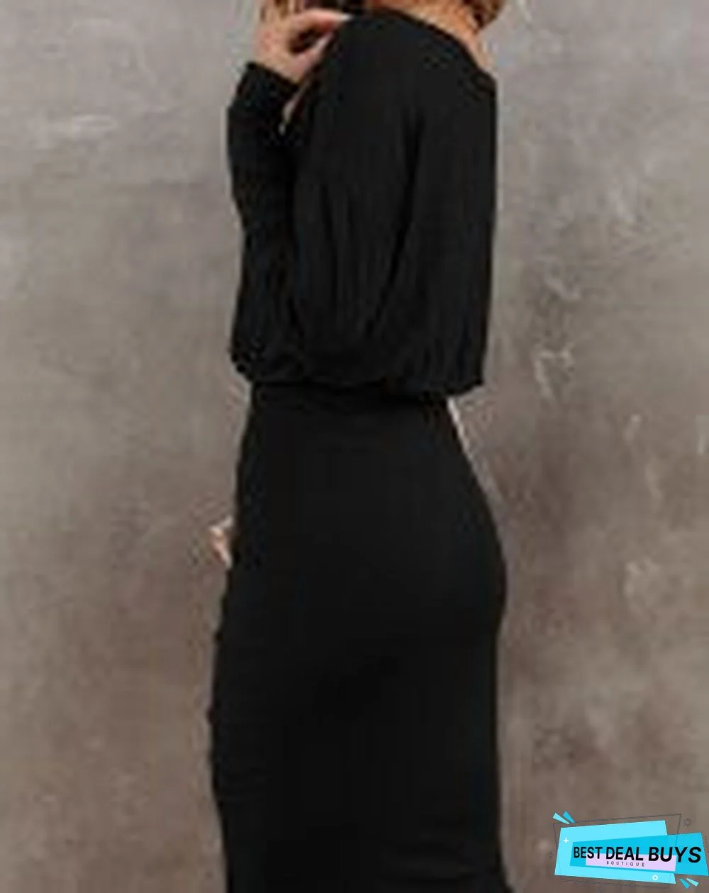 Drop Shoulder Long Sleeve Ruched Skinny Dress Black Dresses