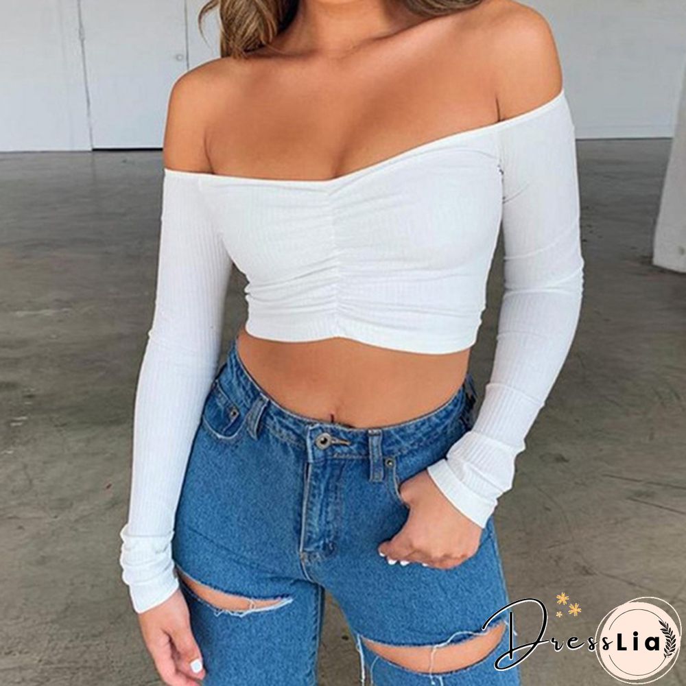 Summer Shirt T-shirt Casual Lady Long Sleeve Wrapped Chest Word Shoulder Fashion Tops